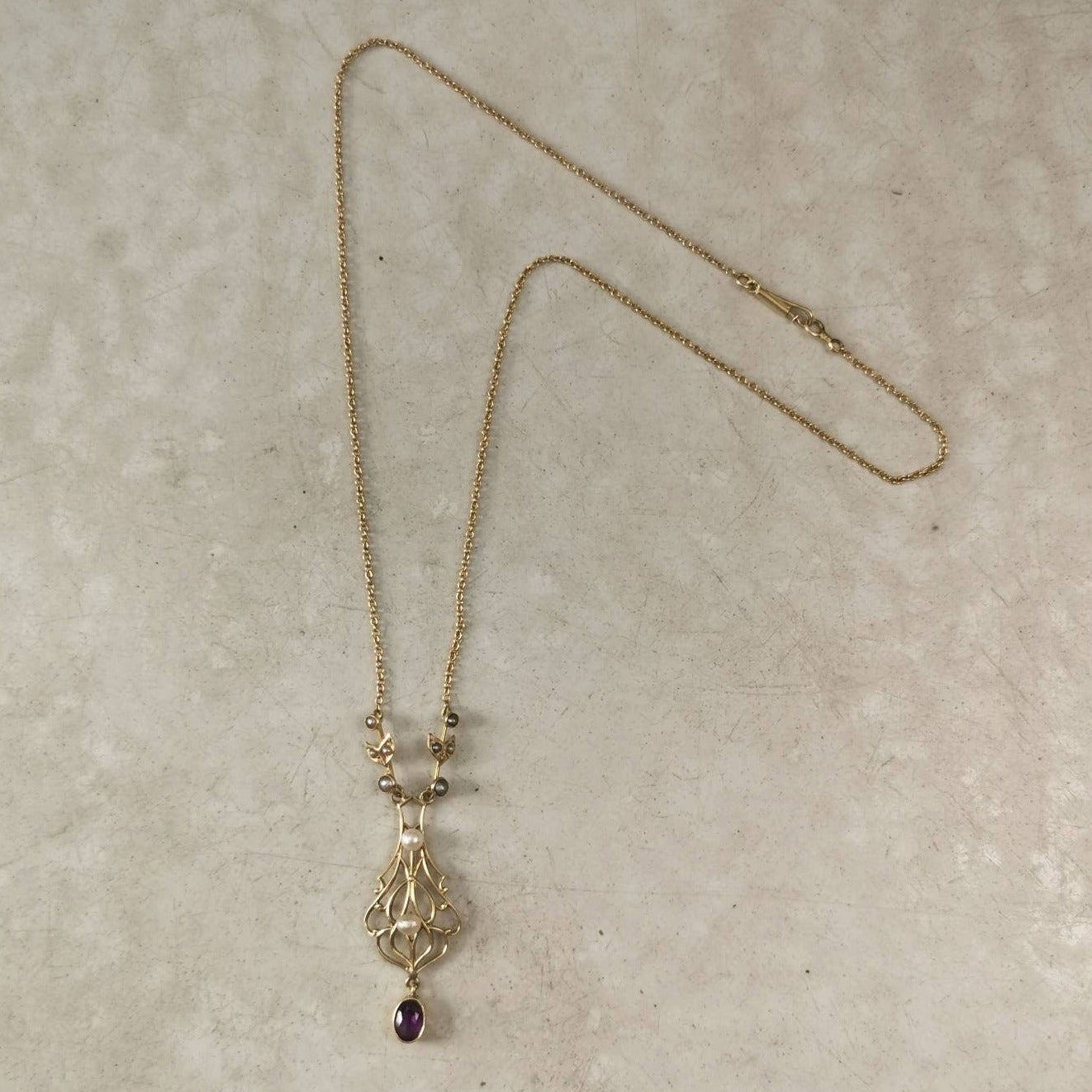 Edwardian 14k Yellow Gold Amethyst and Pearl Lavalier