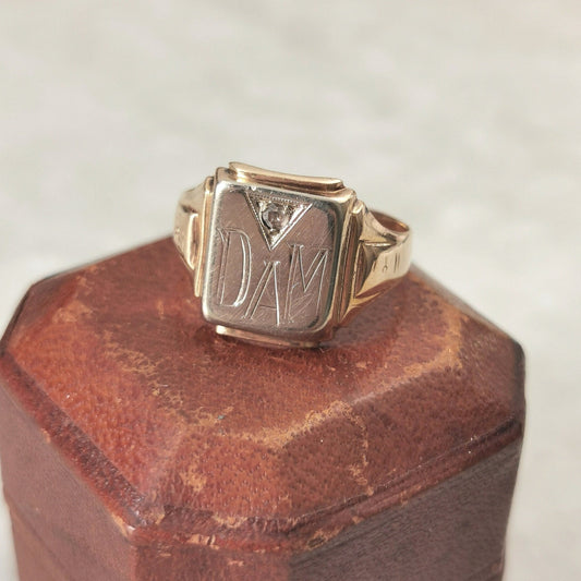 Vintage 10k Yellow and White Gold Signet Ring with Rose Cut Diamond