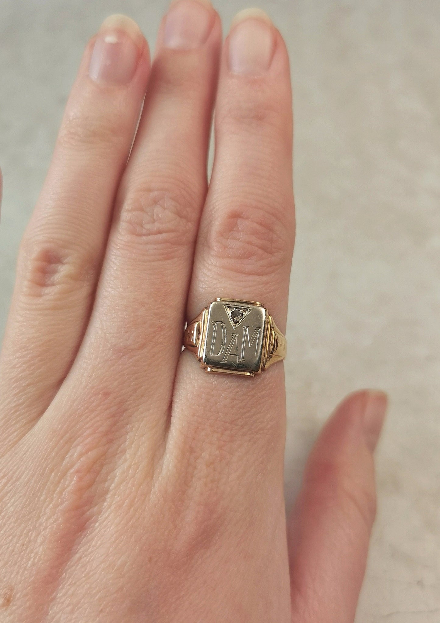 Vintage 10k Yellow and White Gold Signet Ring with Rose Cut Diamond