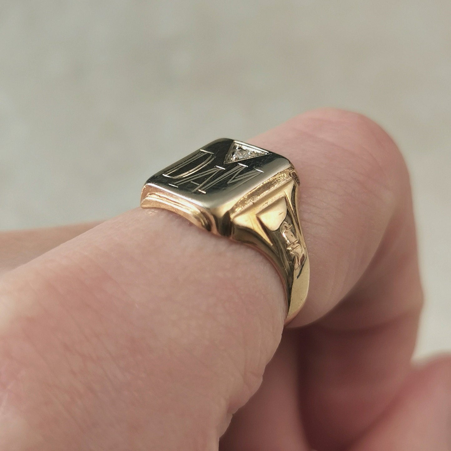 Vintage 10k Yellow and White Gold Signet Ring with Rose Cut Diamond