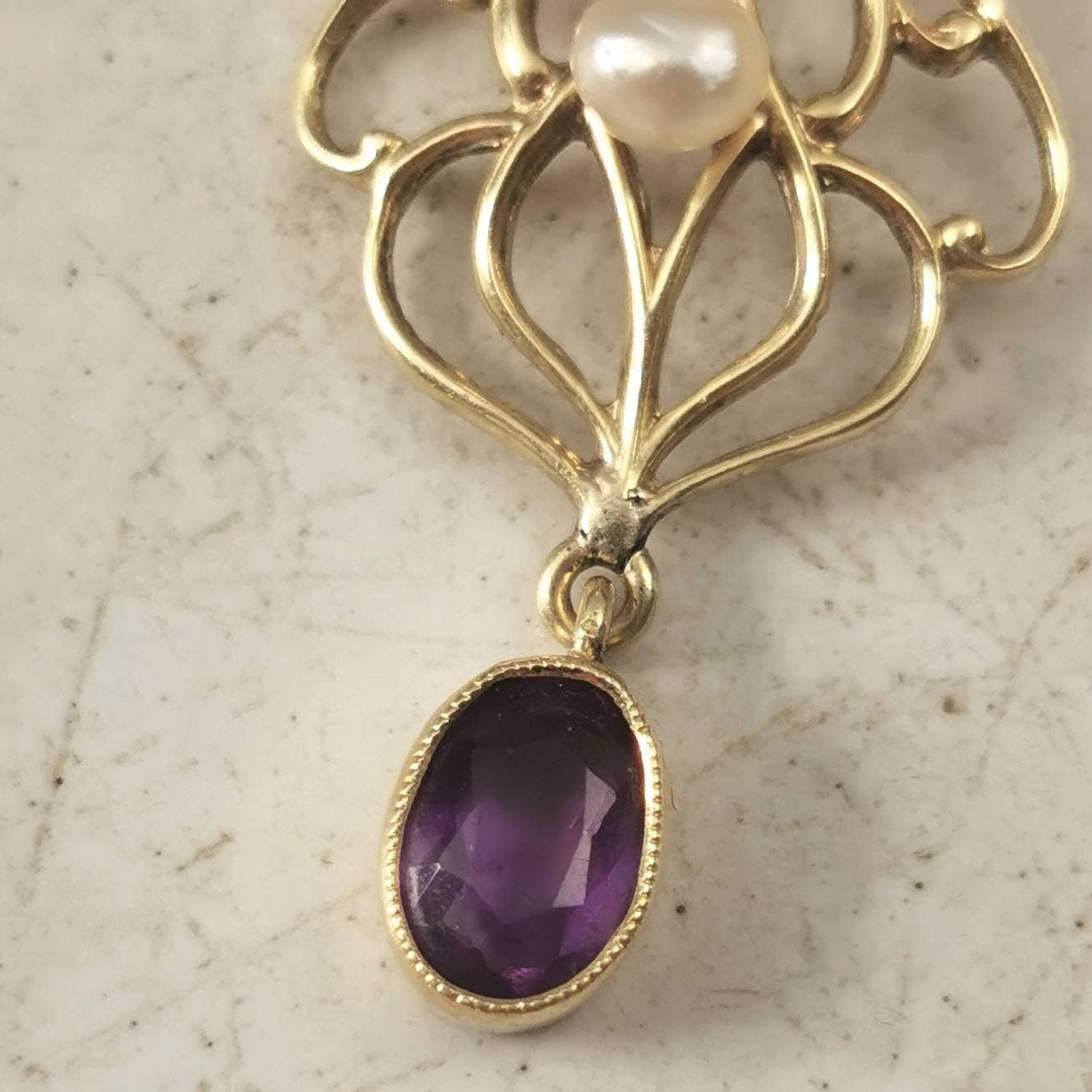 Edwardian 14k Yellow Gold Amethyst and Pearl Lavalier